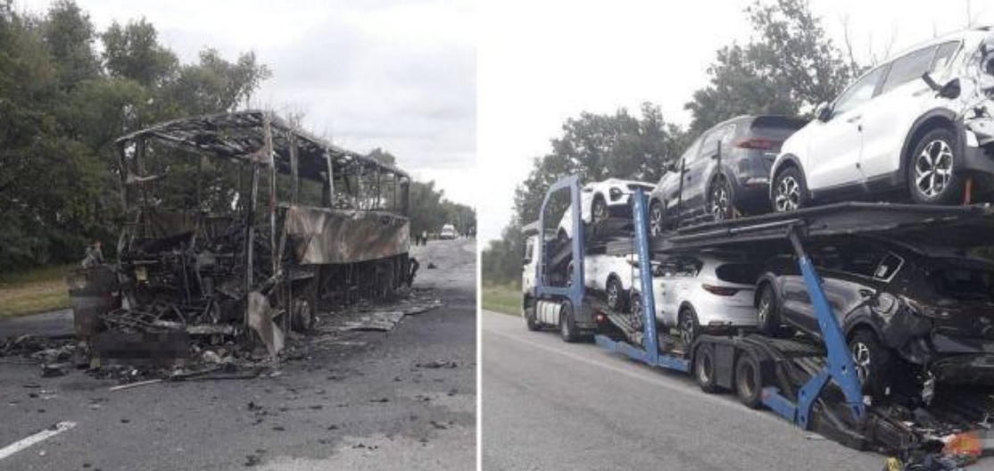Під Житомиром автобус врізався в автовоз і згорів: є жертва, багато постраждалих